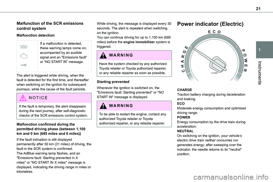 TOYOTA PROACE VERSO 2022  Owners Manual 21
Instruments
1
Malfunction of the SCR emissions 
control system
Malfunction detection
 
 
If a malfunction is detected, these warning lamps come on, accompanied by an audible signal and an "Emis