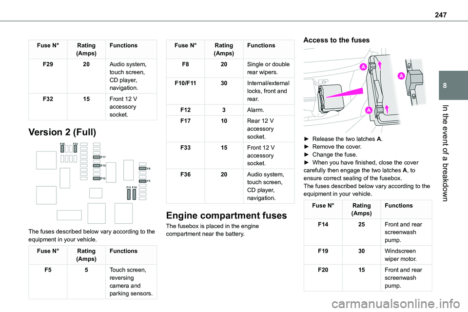 TOYOTA PROACE VERSO 2022 Owners Manual 247
In the event of a breakdown
8
Fuse N°Rating(Amps)Functions
F2920Audio system, touch screen, CD player, navigation.
F3215Front 12 V accessory socket.
Version 2 (Full)
The fuses described below TOYOTA PROACE VERSO 2022 Owners Manual 247
In the event of a breakdown
8
Fuse N°Rating(Amps)Functions
F2920Audio system, touch screen, CD player, navigation.
F3215Front 12 V accessory socket.
Version 2 (Full)
The fuses described below