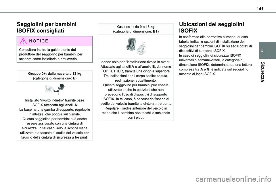 TOYOTA PROACE VERSO 2022  Manuale duso (in Italian) 141
Sicurezza
5
Seggiolini per bambini 
ISOFIX consigliati
NOTIC E
Consultare inoltre la guida utente del produttore del seggiolino per bambini per scoprire come installarlo e rimuoverlo.
Gruppo 0+: d