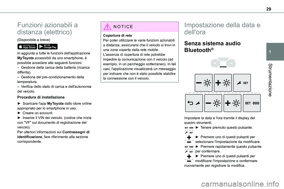 TOYOTA PROACE VERSO 2022  Manuale duso (in Italian) 29
Strumentazione
1
Funzioni azionabili a 
distanza (elettrico)
(Disponibile a breve) 
 
In aggiunta a tutte le funzioni dell'applicazione MyToyota accessibili da uno smartphone, è possibile acce
