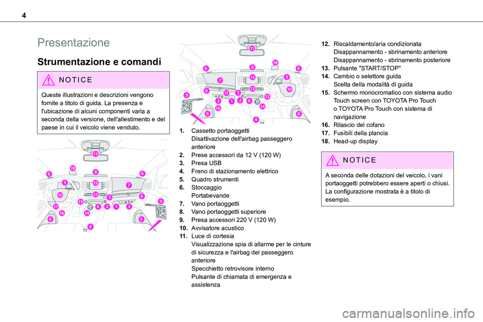 TOYOTA PROACE VERSO 2022  Manuale duso (in Italian) 4
Presentazione
Strumentazione e comandi
NOTIC E
Queste illustrazioni e descrizioni vengono fornite a titolo di guida. La presenza e l'ubicazione di alcuni componenti varia a seconda della version
