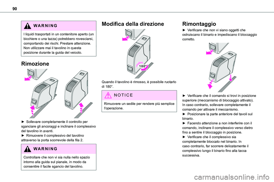 TOYOTA PROACE VERSO 2022  Manuale duso (in Italian) 90
WARNI NG
I liquidi trasportati in un contenitore aperto (un bicchiere o una tazza) potrebbero rovesciarsi, comportando dei rischi. Prestare attenzione.Non utilizzare mai il tavolino in questa posiz