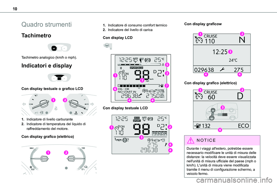 TOYOTA PROACE VERSO 2022 Manuale duso (in Italian) 10
Quadro strumenti
Tachimetro
Tachimetro analogico (km/h o mph).
Indicatori e display
Con display testuale o grafico LCD
1.Indicatore di livello carburante
2.Indicatore di temperatura del li TOYOTA PROACE VERSO 2022 Manuale duso (in Italian) 10
Quadro strumenti
Tachimetro
Tachimetro analogico (km/h o mph).
Indicatori e display
Con display testuale o grafico LCD
1.Indicatore di livello carburante
2.Indicatore di temperatura del li