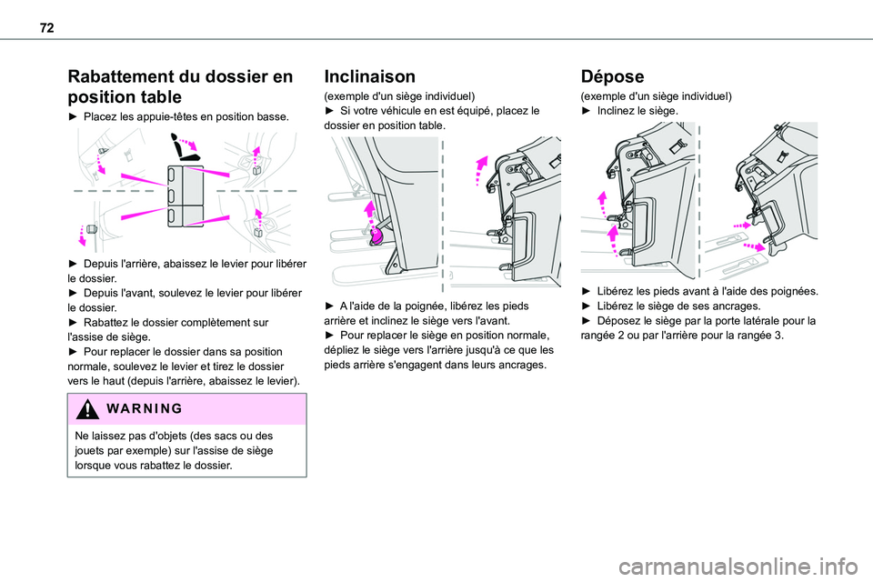 TOYOTA PROACE VERSO 2022  Notices Demploi (in French) 72
Rabattement du dossier en 
position table
► Placez les appuie-têtes en position basse. 
 
► Depuis l'arrière, abaissez le levier pour libérer le dossier.► Depuis l'avant, soulevez  TOYOTA PROACE VERSO 2022  Notices Demploi (in French) 72
Rabattement du dossier en 
position table
► Placez les appuie-têtes en position basse. 
 
► Depuis l'arrière, abaissez le levier pour libérer le dossier.► Depuis l'avant, soulevez