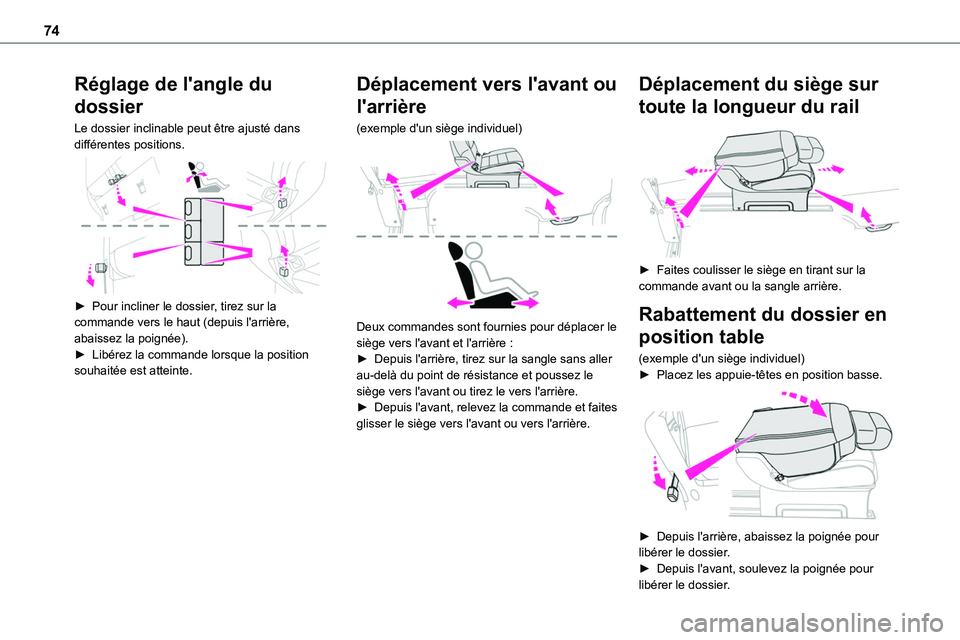 TOYOTA PROACE VERSO 2022  Notices Demploi (in French) 74
Réglage de l'angle du 
dossier
Le dossier inclinable peut être ajusté dans différentes positions. 
 
► Pour incliner le dossier, tirez sur la commande vers le haut (depuis l'arrière, TOYOTA PROACE VERSO 2022  Notices Demploi (in French) 74
Réglage de l'angle du 
dossier
Le dossier inclinable peut être ajusté dans différentes positions. 
 
► Pour incliner le dossier, tirez sur la commande vers le haut (depuis l'arrière,
