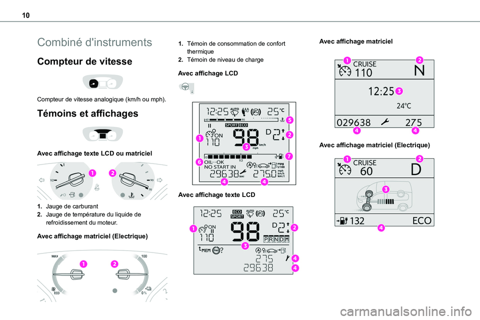 TOYOTA PROACE VERSO 2022  Notices Demploi (in French) 10
Combiné d'instruments
Compteur de vitesse 
 
Compteur de vitesse analogique (km/h ou mph).
Témoins et affichages 
 
Avec affichage texte LCD ou matriciel 
 
1.Jauge de carburant
2.Jauge de te
