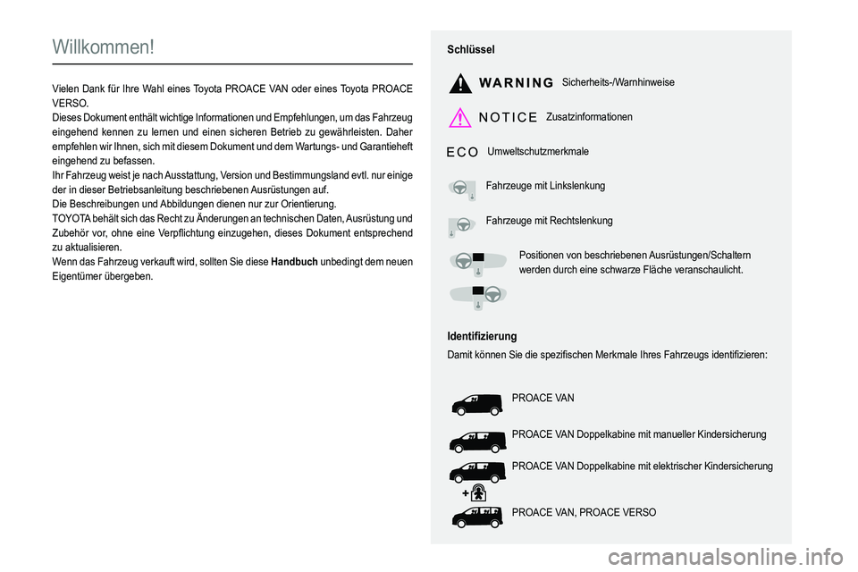 TOYOTA PROACE VERSO 2022  Betriebsanleitungen (in German)  
  
 
  
 
  
  
  
  
   
   
 
  
   
   
   
Willkommen!
Vielen Dank für Ihre Wahl eines Toyota PROACE VAN oder eines Toyota PROACE VERSO.Dieses Dokument enthält wichtige Informationen und Empfe