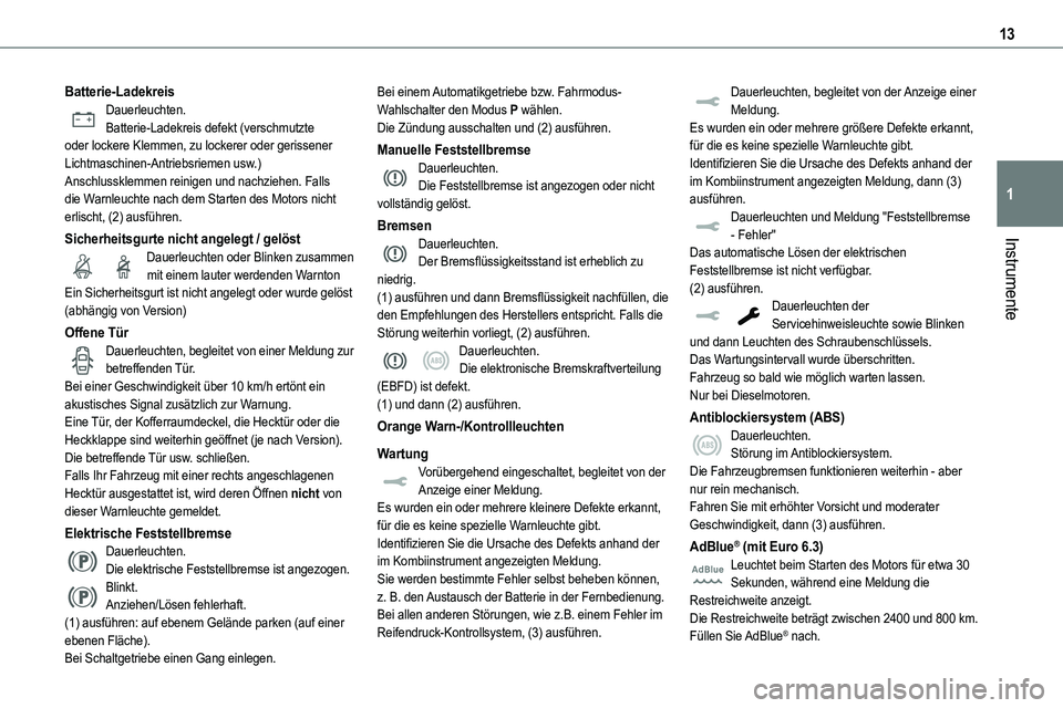 TOYOTA PROACE VERSO 2022  Betriebsanleitungen (in German) 13
Instrumente
1
Batterie-LadekreisDauerleuchten.Batterie-Ladekreis defekt (verschmutzte oder lockere Klemmen, zu lockerer oder gerissener Lichtmaschinen-Antriebsriemen usw.)Anschlussklemmen reinigen 