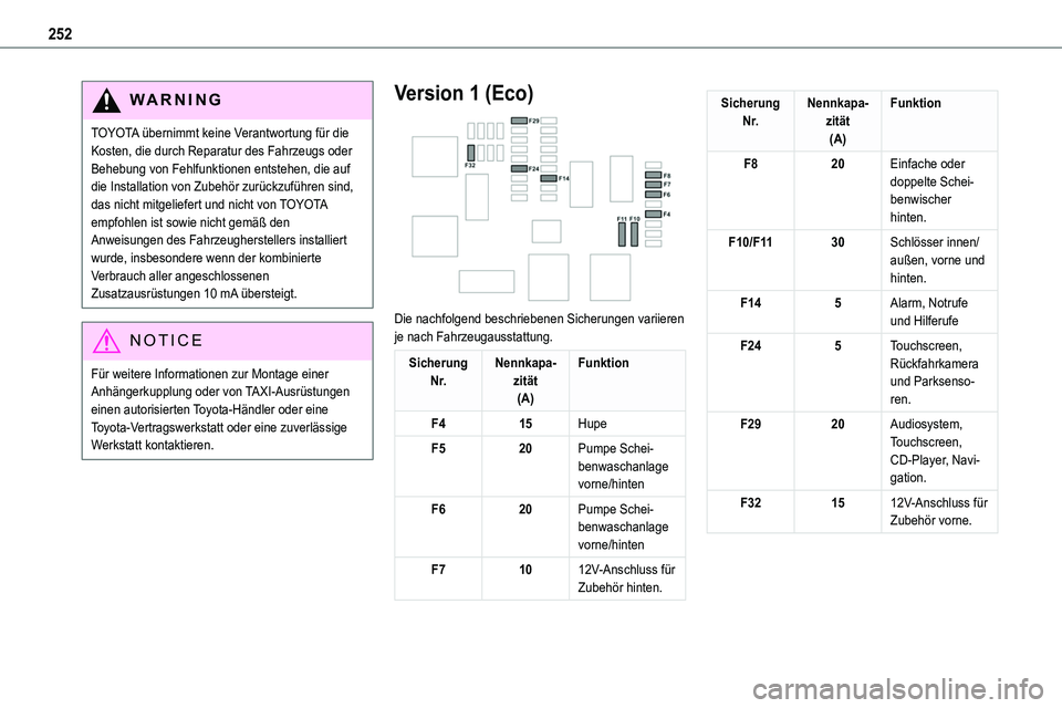 TOYOTA PROACE VERSO 2022  Betriebsanleitungen (in German) 252
WARNI NG
TOYOTA übernimmt keine Verantwortung für die Kosten, die durch Reparatur des Fahrzeugs oder Behebung von Fehlfunktionen entstehen, die auf die Installation von Zubehör zurückzuführen