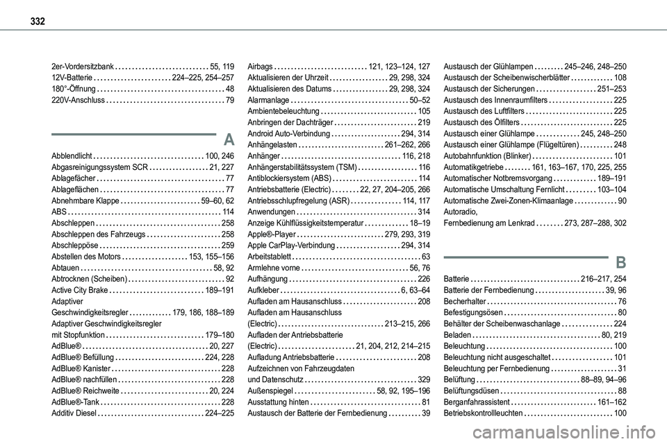 TOYOTA PROACE VERSO 2022 Betriebsanleitungen (in German) 332
2er-Vordersitzbank 55, 11 912V-Batterie 224–225, 254–257180°-Öffnung 48220V-Anschluss 79
A
Abblendlicht 100, 246Abgasreinigungssystem SCR 21, 227Ablagefächer 77Ablageflächen TOYOTA PROACE VERSO 2022 Betriebsanleitungen (in German) 332
2er-Vordersitzbank 55, 11 912V-Batterie 224–225, 254–257180°-Öffnung 48220V-Anschluss 79
A
Abblendlicht 100, 246Abgasreinigungssystem SCR 21, 227Ablagefächer 77Ablageflächen