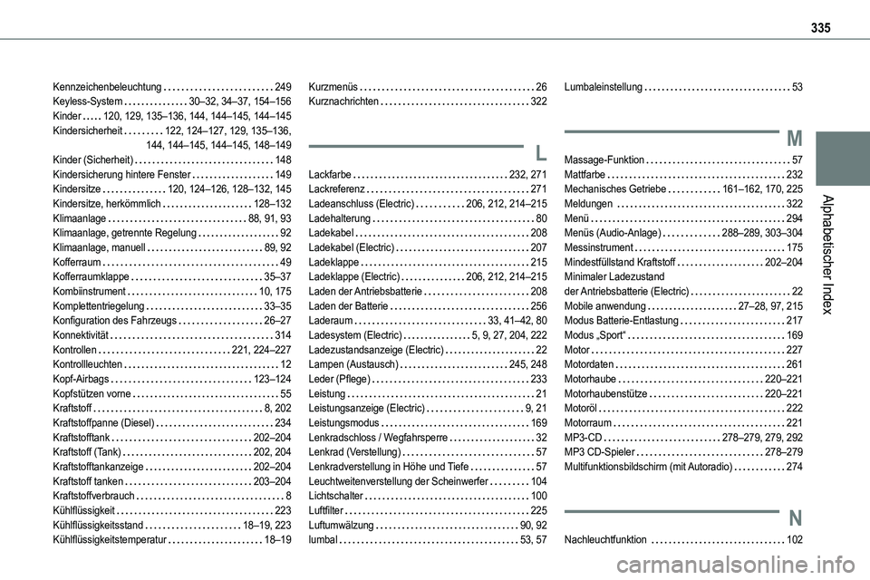 TOYOTA PROACE VERSO 2022 Betriebsanleitungen (in German) 335
Alphabetischer Index
Kennzeichenbeleuchtung 249Keyless-System 30–32, 34–37, 154–156Kinder 120, 129, 135–136, 144, 144–145, 144–145Kindersicherheit 122, 124–127, 129, 135–13 TOYOTA PROACE VERSO 2022 Betriebsanleitungen (in German) 335
Alphabetischer Index
Kennzeichenbeleuchtung 249Keyless-System 30–32, 34–37, 154–156Kinder 120, 129, 135–136, 144, 144–145, 144–145Kindersicherheit 122, 124–127, 129, 135–13