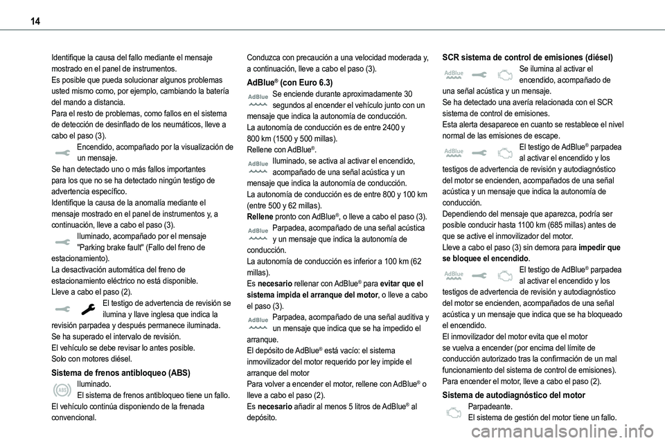 TOYOTA PROACE VERSO 2022 Manuale de Empleo (in Spanish) 14
Identifique la causa del fallo mediante el mensaje mostrado en el panel de instrumentos.Es posible que pueda solucionar algunos problemas usted mismo como, por ejemplo, cambiando la batería del ma TOYOTA PROACE VERSO 2022 Manuale de Empleo (in Spanish) 14
Identifique la causa del fallo mediante el mensaje mostrado en el panel de instrumentos.Es posible que pueda solucionar algunos problemas usted mismo como, por ejemplo, cambiando la batería del ma
