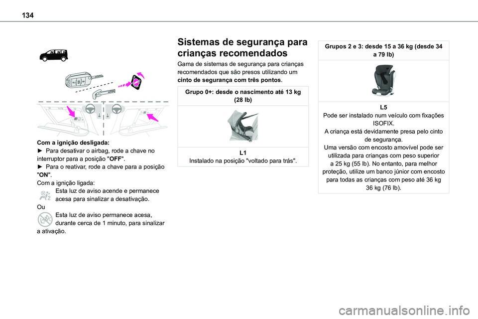 TOYOTA PROACE VERSO 2022 Manual de utilização (in Portuguese) 134
Com a ignição desligada:► Para desativar o airbag, rode a chave no interruptor para a posição "OFF". ► Para o reativar, rode a chave para a posição "ON".Com a igni TOYOTA PROACE VERSO 2022 Manual de utilização (in Portuguese) 134
Com a ignição desligada:► Para desativar o airbag, rode a chave no interruptor para a posição "OFF". ► Para o reativar, rode a chave para a posição "ON".Com a igni