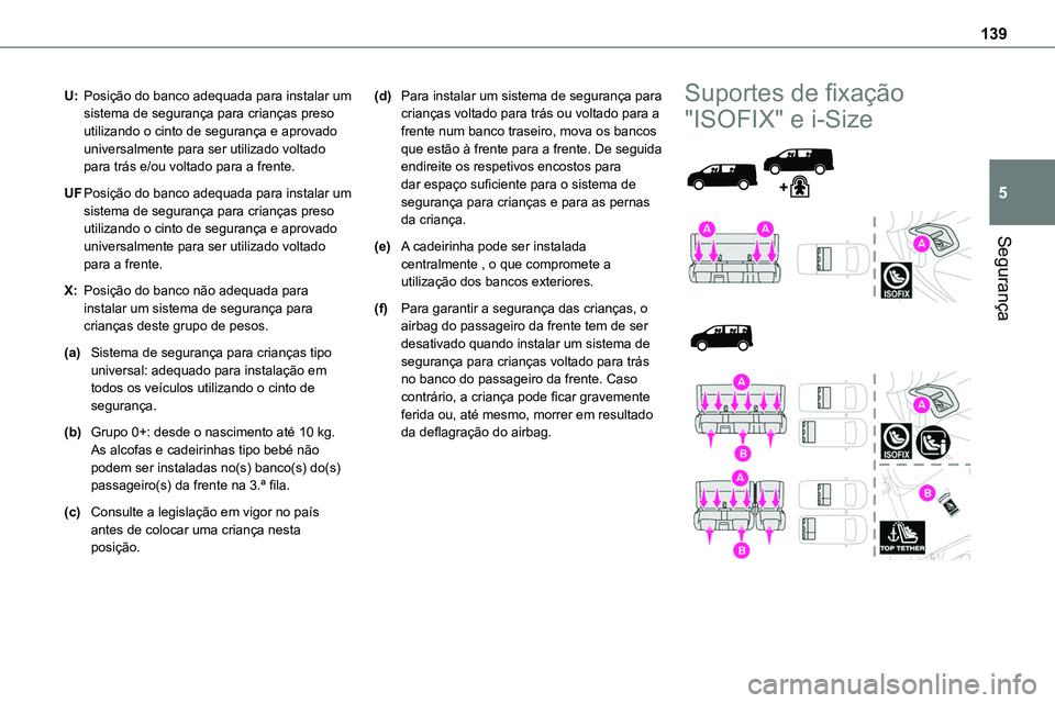 TOYOTA PROACE VERSO 2022 Manual de utilização (in Portuguese) 139
Segurança
5
U:Posição do banco adequada para instalar um sistema de segurança para crianças preso utilizando o cinto de segurança e aprovado universalmente para ser utilizado voltado para tr TOYOTA PROACE VERSO 2022 Manual de utilização (in Portuguese) 139
Segurança
5
U:Posição do banco adequada para instalar um sistema de segurança para crianças preso utilizando o cinto de segurança e aprovado universalmente para ser utilizado voltado para tr