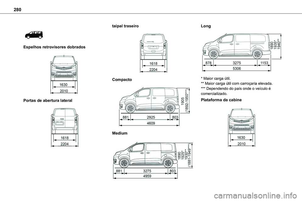 TOYOTA PROACE VERSO 2022  Manual de utilização (in Portuguese) 280
 
 
Espelhos retrovisores dobrados 
 
Portas de abertura lateral 
 
taipal traseiro 
 
Compacto 
 
Medium 
 
Long 
 
* Maior carga útil.** Maior carga útil com carroçaria elevada.*** Dependendo