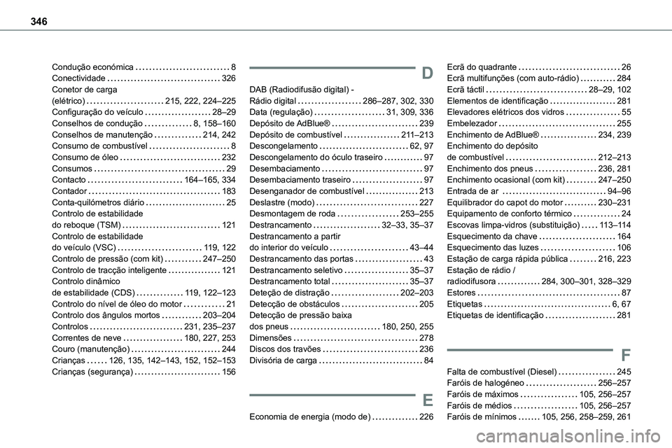 TOYOTA PROACE VERSO 2022 Manual de utilização (in Portuguese) 346
Condução económica 8Conectividade 326Conetor de carga (elétrico) 215, 222, 224–225Configuração do veículo 28–29Conselhos de condução 8, 158–160Conselhos de manutenção TOYOTA PROACE VERSO 2022 Manual de utilização (in Portuguese) 346
Condução económica 8Conectividade 326Conetor de carga (elétrico) 215, 222, 224–225Configuração do veículo 28–29Conselhos de condução 8, 158–160Conselhos de manutenção