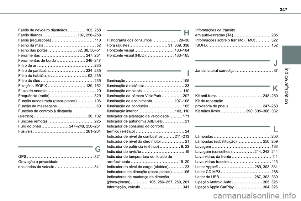 TOYOTA PROACE VERSO 2022 Manual de utilização (in Portuguese) 347
Índice alfabético
Faróis de nevoeiro dianteiros 105, 258Faróis diurnos 107, 256–258Faróis (regulações) 11 0Fecho da mala 52Fecho das portas 32, 38, 50–51Ferramentas 247, 251 TOYOTA PROACE VERSO 2022 Manual de utilização (in Portuguese) 347
Índice alfabético
Faróis de nevoeiro dianteiros 105, 258Faróis diurnos 107, 256–258Faróis (regulações) 11 0Fecho da mala 52Fecho das portas 32, 38, 50–51Ferramentas 247, 251