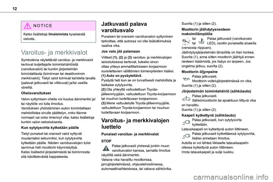 TOYOTA PROACE VERSO 2022 Omistajan Käsikirja (in Finnish) 12
NOTIC E
Katso lisätietoja ilmaisimista kyseisestä osiosta.
Varoitus- ja merkkivalot
Symboleina näytettävät varoitus- ja merkkivalot
kertovat kuljettajalle toimintahäiriöistä (varoitusvalot TOYOTA PROACE VERSO 2022 Omistajan Käsikirja (in Finnish) 12
NOTIC E
Katso lisätietoja ilmaisimista kyseisestä osiosta.
Varoitus- ja merkkivalot
Symboleina näytettävät varoitus- ja merkkivalot
kertovat kuljettajalle toimintahäiriöistä (varoitusvalot