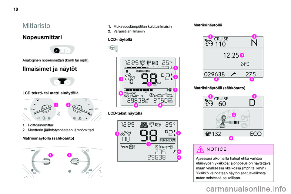TOYOTA PROACE VERSO 2022 Omistajan Käsikirja (in Finnish) 10
Mittaristo
Nopeusmittari
Analoginen nopeusmittari (km/h tai mph).
Ilmaisimet ja näytöt
LCD teksti- tai matriisinäytöllä
1.Polttoainemittari
2.Moottorin jäähdytysnesteen lämpömitta TOYOTA PROACE VERSO 2022 Omistajan Käsikirja (in Finnish) 10
Mittaristo
Nopeusmittari
Analoginen nopeusmittari (km/h tai mph).
Ilmaisimet ja näytöt
LCD teksti- tai matriisinäytöllä
1.Polttoainemittari
2.Moottorin jäähdytysnesteen lämpömitta
