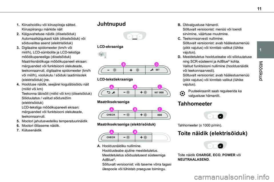 TOYOTA PROACE VERSO 2022 Kasutusjuhend (in Estonian) 11
Mõõdikud
1
1.Kiirushoidiku või kiiruspiiraja sätted.Kiiruspiirangu märkide näit
2.Käiguvahetuse näidik (diiselsõiduk)Automaatkäigukasti käik (diiselsõiduk) või sõiduvalitsa asend (ele TOYOTA PROACE VERSO 2022 Kasutusjuhend (in Estonian) 11
Mõõdikud
1
1.Kiirushoidiku või kiiruspiiraja sätted.Kiiruspiirangu märkide näit
2.Käiguvahetuse näidik (diiselsõiduk)Automaatkäigukasti käik (diiselsõiduk) või sõiduvalitsa asend (ele