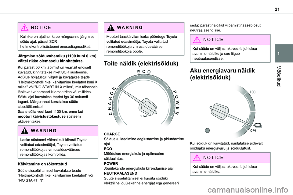 TOYOTA PROACE VERSO 2022 Kasutusjuhend (in Estonian) 21
Mõõdikud
1
NOTIC E
Kui rike on ajutine, kaob märguanne järgmise sõidu ajal, pärast SCR heitmekontrollisüsteemi enesediagnostikat.
Järgmise sõiduvahemiku (1100 kuni 0 km) vältel rikke olem TOYOTA PROACE VERSO 2022 Kasutusjuhend (in Estonian) 21
Mõõdikud
1
NOTIC E
Kui rike on ajutine, kaob märguanne järgmise sõidu ajal, pärast SCR heitmekontrollisüsteemi enesediagnostikat.
Järgmise sõiduvahemiku (1100 kuni 0 km) vältel rikke olem