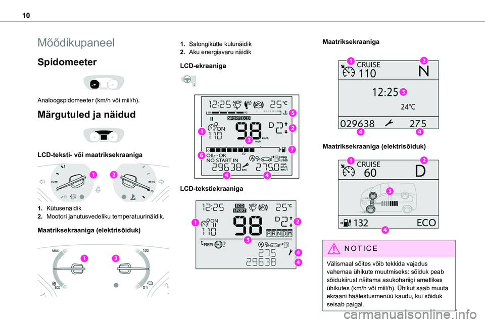 TOYOTA PROACE VERSO 2022 Kasutusjuhend (in Estonian) 10
Mõõdikupaneel
Spidomeeter
Analoogspidomeeter (km/h või miil/h).
Märgutuled ja näidud
LCD-teksti- või maatriksekraaniga
1.Kütusenäidik
2.Mootori jahutusvedeliku temperatuurinäidik. TOYOTA PROACE VERSO 2022 Kasutusjuhend (in Estonian) 10
Mõõdikupaneel
Spidomeeter
Analoogspidomeeter (km/h või miil/h).
Märgutuled ja näidud
LCD-teksti- või maatriksekraaniga
1.Kütusenäidik
2.Mootori jahutusvedeliku temperatuurinäidik.