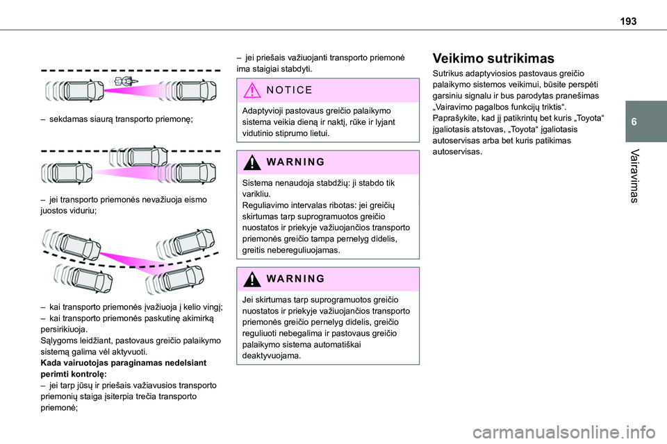 TOYOTA PROACE VERSO 2022 Eksploatavimo vadovas (in Lithuanian) 193
Vairavimas
6
– sekdamas siaurą transporto priemonę;
– jei transporto priemonės nevažiuoja eismo juostos viduriu;
– kai transporto priemonės įvažiuoja į kelio vingį;– kai t TOYOTA PROACE VERSO 2022 Eksploatavimo vadovas (in Lithuanian) 193
Vairavimas
6
– sekdamas siaurą transporto priemonę;
– jei transporto priemonės nevažiuoja eismo juostos viduriu;
– kai transporto priemonės įvažiuoja į kelio vingį;– kai t