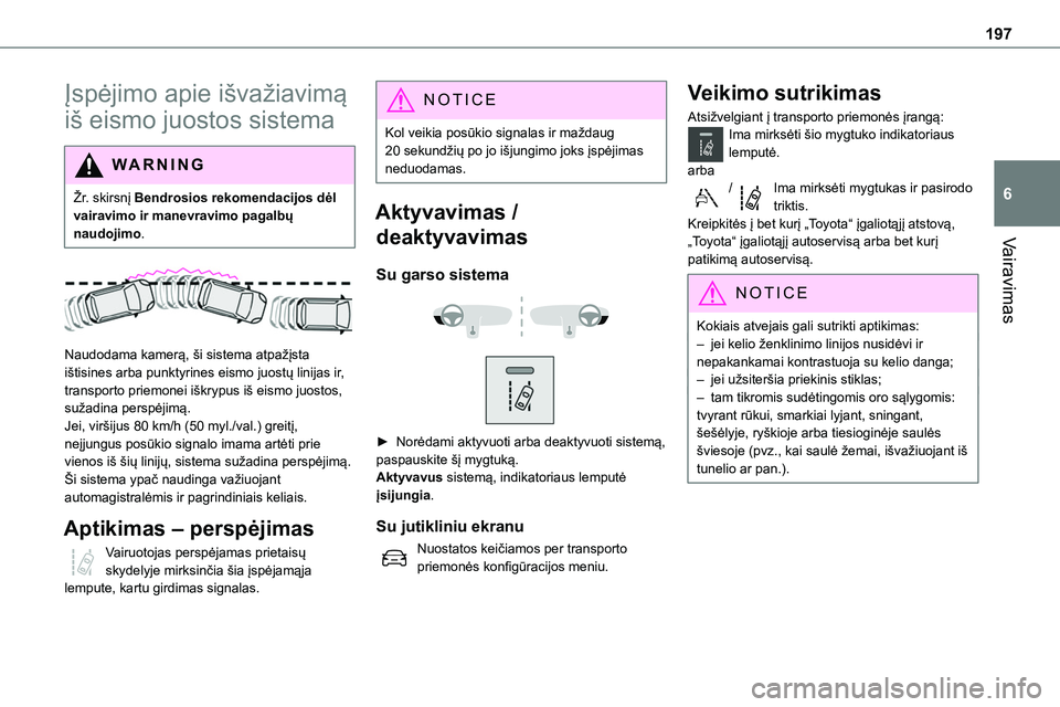 TOYOTA PROACE VERSO 2022 Eksploatavimo vadovas (in Lithuanian) 197
Vairavimas
6
Įspėjimo apie išvažiavimą
iš eismo juostos sistema
WARNI NG
Žr. skirsnį Bendrosios rekomendacijos dėl vairavimo ir manevravimo pagalbų naudojimo.
Naudodama kamerą, ši TOYOTA PROACE VERSO 2022 Eksploatavimo vadovas (in Lithuanian) 197
Vairavimas
6
Įspėjimo apie išvažiavimą
iš eismo juostos sistema
WARNI NG
Žr. skirsnį Bendrosios rekomendacijos dėl vairavimo ir manevravimo pagalbų naudojimo.
Naudodama kamerą, ši