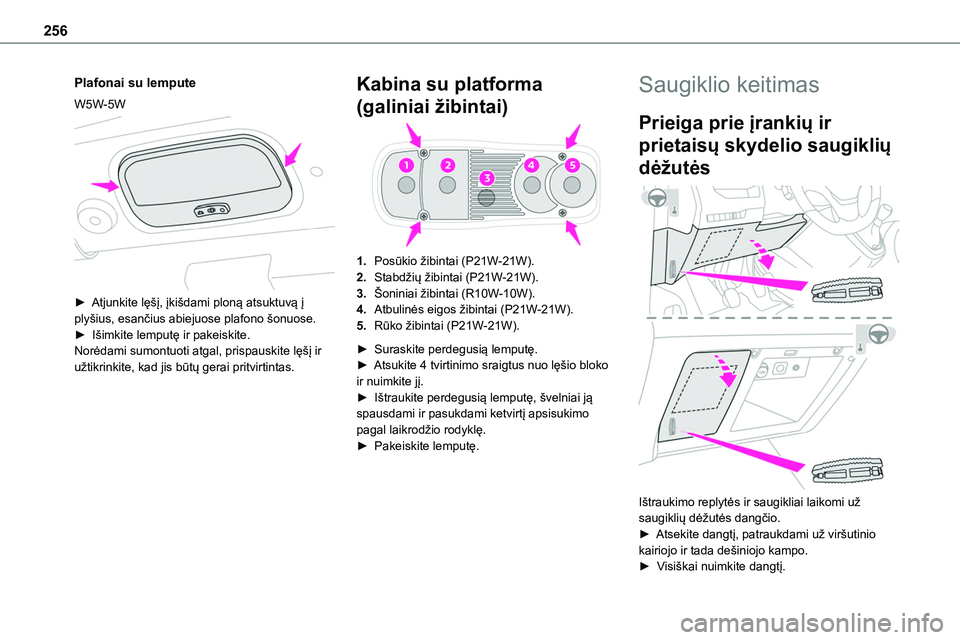 TOYOTA PROACE VERSO 2022 Eksploatavimo vadovas (in Lithuanian) 256
Plafonai su lempute
W5W-5W
► Atjunkite lęšį, įkišdami ploną atsuktuvą į plyšius, esančius abiejuose plafono šonuose.► Išimkite lemputę ir pakeiskite.Norėdami sumontuoti atgal TOYOTA PROACE VERSO 2022 Eksploatavimo vadovas (in Lithuanian) 256
Plafonai su lempute
W5W-5W
► Atjunkite lęšį, įkišdami ploną atsuktuvą į plyšius, esančius abiejuose plafono šonuose.► Išimkite lemputę ir pakeiskite.Norėdami sumontuoti atgal