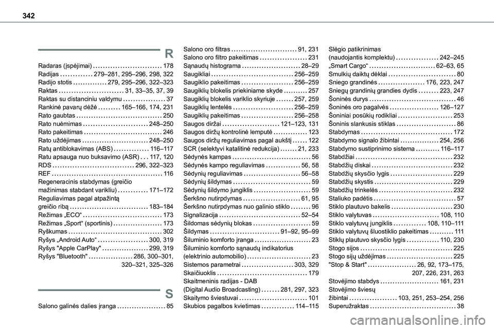 TOYOTA PROACE VERSO 2022  Eksploatavimo vadovas (in Lithuanian) 342
R
Radaras (įspėjimai)   178Radijas   279–281, 295–296, 298, 322Radijo stotis   279, 295–296, 322–323Raktas   31, 33–35, 37, 39Raktas su distanciniu valdymu   37Rankinė pavarų dėžė