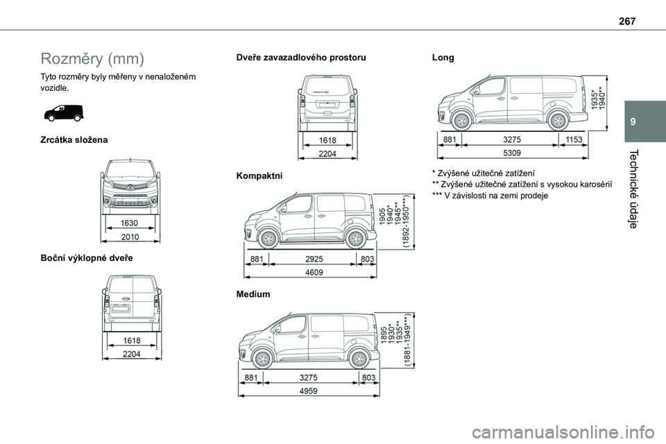 TOYOTA PROACE VERSO 2022  Návod na použití (in Czech) 267
Technické údaje
9
Rozměry (mm)
Tyto rozměry byly měřeny v nenaloženém vozidle. 
 
Zrcátka složena 
 
Boční výklopné dveře 
 
Dveře zavazadlového prostoru 
 
Kompaktní 
 
Medium 
