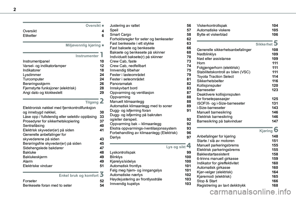 TOYOTA PROACE VERSO 2022 Instruksjoner for bruk (in Norwegian) 2
■Oversikt
Oversikt 4Etiketter 6
■Miljøvennlig kjøring
1Instrumenter
Instrumentpanel 10Varsel- og indikatorlamper 12Indikatorer 18Lysdimmer 24Turcomputer 24Berøringssk TOYOTA PROACE VERSO 2022 Instruksjoner for bruk (in Norwegian) 2
■Oversikt
Oversikt 4Etiketter 6
■Miljøvennlig kjøring
1Instrumenter
Instrumentpanel 10Varsel- og indikatorlamper 12Indikatorer 18Lysdimmer 24Turcomputer 24Berøringssk