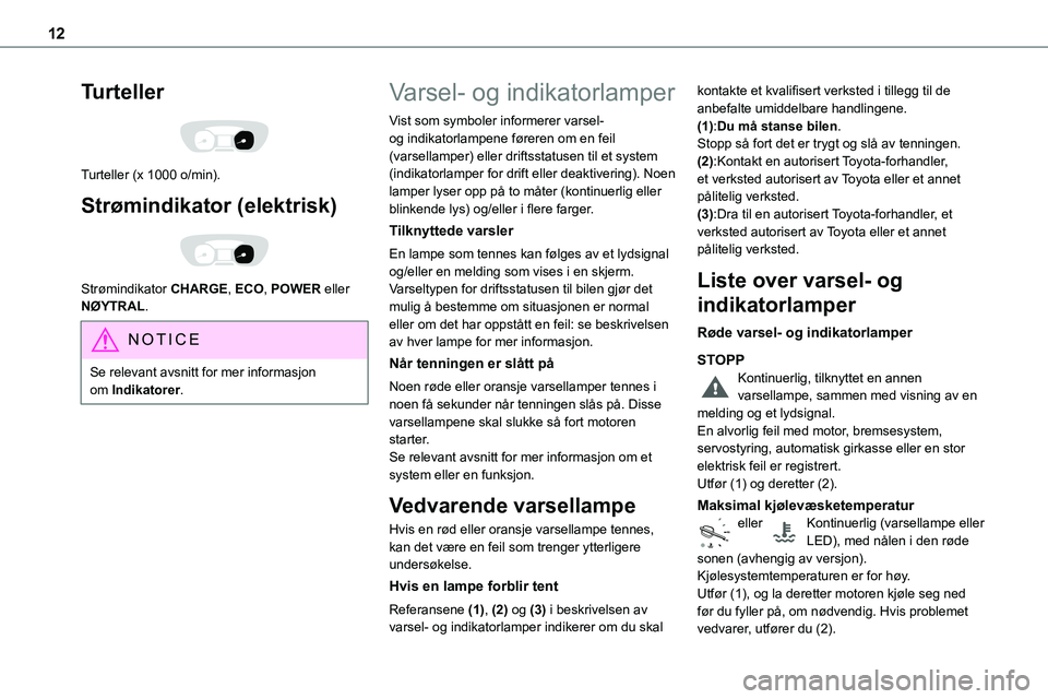 TOYOTA PROACE VERSO 2022  Instruksjoner for bruk (in Norwegian) 12
Turteller 
 
Turteller (x 1000 o/min).
Strømindikator (elektrisk) 
 
Strømindikator CHARGE, ECO, POWER eller NØYTRAL.
NOTIC E
Se relevant avsnitt for mer informasjon om Indikatorer.
Varsel- og i