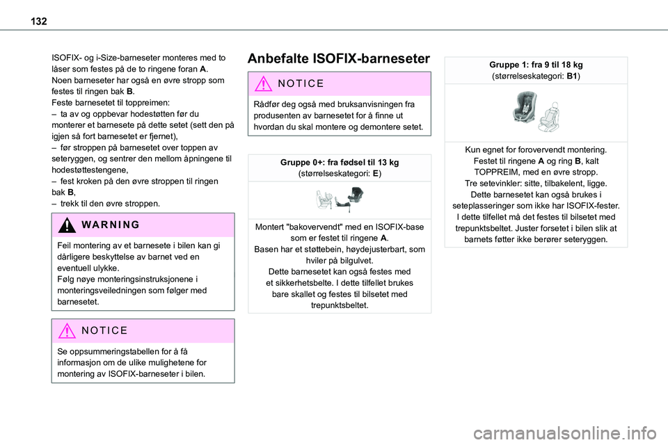 TOYOTA PROACE VERSO 2022  Instruksjoner for bruk (in Norwegian) 132
ISOFIX- og i-Size-barneseter monteres med to låser som festes på de to ringene foran A.Noen barneseter har også en øvre stropp som festes til ringen bak B.Feste barnesetet til toppreimen:– t TOYOTA PROACE VERSO 2022  Instruksjoner for bruk (in Norwegian) 132
ISOFIX- og i-Size-barneseter monteres med to låser som festes på de to ringene foran A.Noen barneseter har også en øvre stropp som festes til ringen bak B.Feste barnesetet til toppreimen:– t