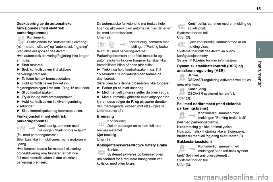TOYOTA PROACE VERSO 2022 Instruksjoner for bruk (in Norwegian) 15
Instrumenter
1
Deaktivering av de automatiske funksjonene (med elektrisk parkeringsbrems)Kontinuerlig.Funksjonene for "automatisk aktivering" (når motoren slås av) og "automatisk frig TOYOTA PROACE VERSO 2022 Instruksjoner for bruk (in Norwegian) 15
Instrumenter
1
Deaktivering av de automatiske funksjonene (med elektrisk parkeringsbrems)Kontinuerlig.Funksjonene for "automatisk aktivering" (når motoren slås av) og "automatisk frig