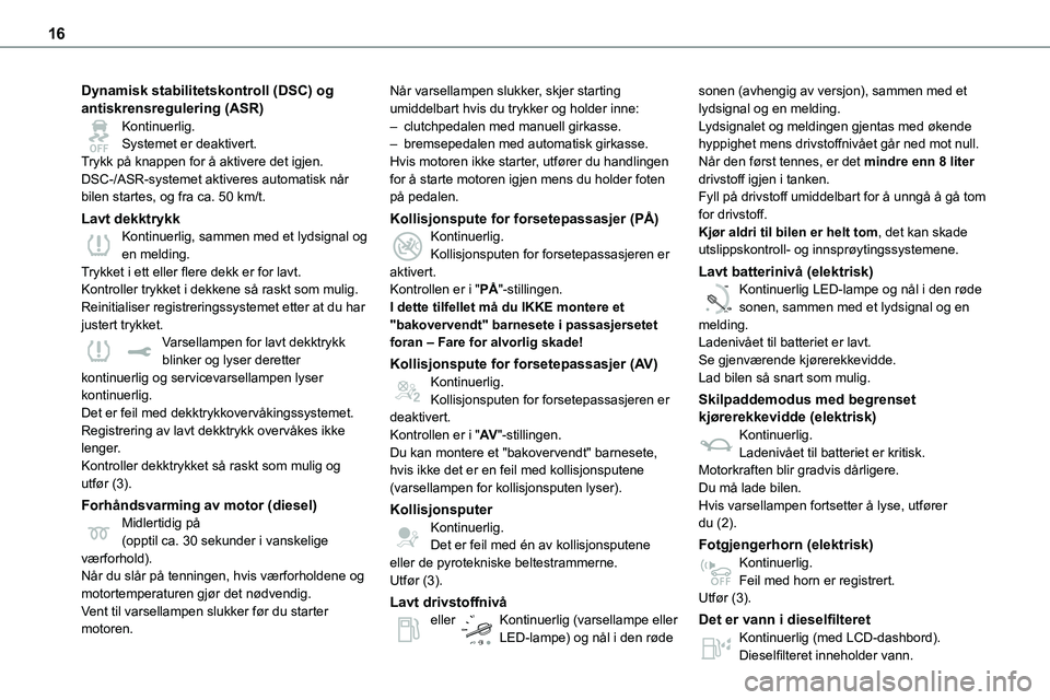 TOYOTA PROACE VERSO 2022 Instruksjoner for bruk (in Norwegian) 16
Dynamisk stabilitetskontroll (DSC) og antiskrensregulering (ASR)Kontinuerlig.Systemet er deaktivert.Trykk på knappen for å aktivere det igjen.DSC-/ASR-systemet aktiveres automatisk når bilen sta TOYOTA PROACE VERSO 2022 Instruksjoner for bruk (in Norwegian) 16
Dynamisk stabilitetskontroll (DSC) og antiskrensregulering (ASR)Kontinuerlig.Systemet er deaktivert.Trykk på knappen for å aktivere det igjen.DSC-/ASR-systemet aktiveres automatisk når bilen sta