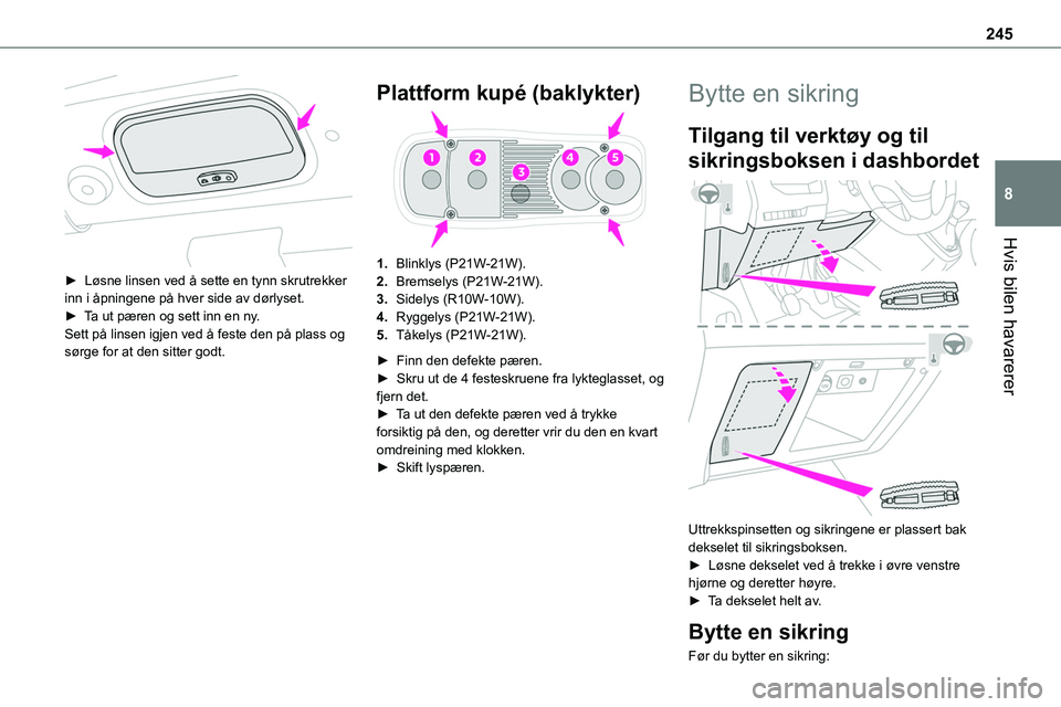 TOYOTA PROACE VERSO 2022 Instruksjoner for bruk (in Norwegian) 245
Hvis bilen havarerer
8
► Løsne linsen ved å sette en tynn skrutrekker inn i åpningene på hver side av dørlyset.► Ta ut pæren og sett inn en ny.Sett på linsen igjen ved å feste den pà TOYOTA PROACE VERSO 2022 Instruksjoner for bruk (in Norwegian) 245
Hvis bilen havarerer
8
â–º Løsne linsen ved Ã¥ sette en tynn skrutrekker inn i Ã¥pningene pÃ¥ hver side av dørlyset.â–º Ta ut pæren og sett inn en ny.Sett pÃ¥ linsen igjen ved Ã¥ feste den pÃ