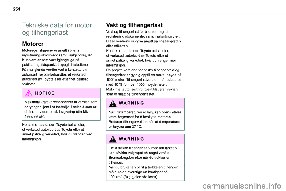 TOYOTA PROACE VERSO 2022 Instruksjoner for bruk (in Norwegian) 254
Tekniske data for motor
og tilhengerlast
Motorer
Motoregenskapene er angitt i bilens registreringsdokument samt i salgsbrosjyrer.Kun verdier som var tilgjengelige på publiseringstidspunktet oppg TOYOTA PROACE VERSO 2022 Instruksjoner for bruk (in Norwegian) 254
Tekniske data for motor
og tilhengerlast
Motorer
Motoregenskapene er angitt i bilens registreringsdokument samt i salgsbrosjyrer.Kun verdier som var tilgjengelige på publiseringstidspunktet oppg