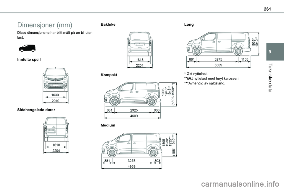 TOYOTA PROACE VERSO 2022 Instruksjoner for bruk (in Norwegian) 261
Tekniske data
9
Dimensjoner (mm)
Disse dimensjonene har blitt målt på en bil uten last.
Innfelte speil
Sidehengslede dører
Bakluke
Kompakt
Medium
Long
* Økt nyttelast.**Ø TOYOTA PROACE VERSO 2022 Instruksjoner for bruk (in Norwegian) 261
Tekniske data
9
Dimensjoner (mm)
Disse dimensjonene har blitt målt på en bil uten last.
Innfelte speil
Sidehengslede dører
Bakluke
Kompakt
Medium
Long
* Økt nyttelast.**Ø