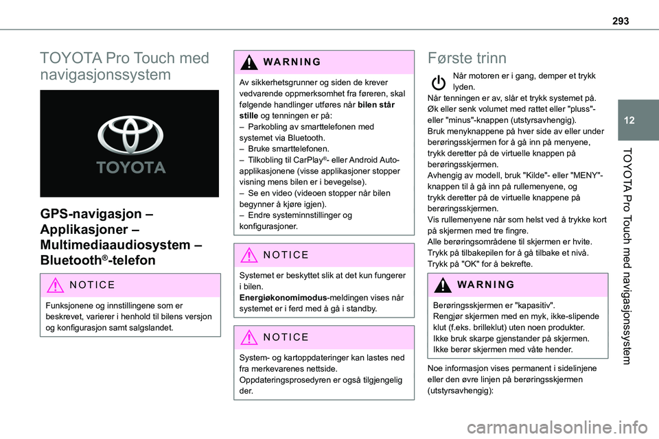 TOYOTA PROACE VERSO 2022 Instruksjoner for bruk (in Norwegian) 293
TOYOTA Pro Touch med navigasjonssystem
12
TOYOTA Pro Touch med
navigasjonssystem
GPS-navigasjon –
Applikasjoner –
Multimediaaudiosystem –
Bluetooth®-telefon
NOTIC E
Funksjonene og in TOYOTA PROACE VERSO 2022 Instruksjoner for bruk (in Norwegian) 293
TOYOTA Pro Touch med navigasjonssystem
12
TOYOTA Pro Touch med
navigasjonssystem
GPS-navigasjon –
Applikasjoner –
Multimediaaudiosystem –
Bluetooth®-telefon
NOTIC E
Funksjonene og in