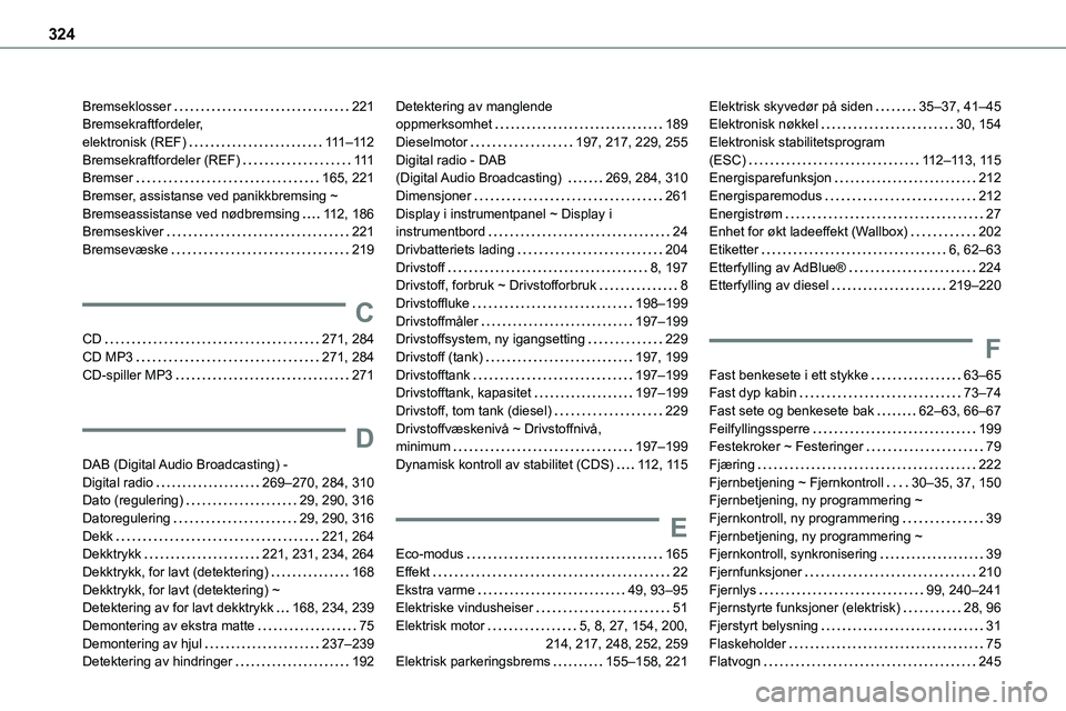 TOYOTA PROACE VERSO 2022 Instruksjoner for bruk (in Norwegian) 324
Bremseklosser 221Bremsekraftfordeler, elektronisk (REF) 111–11 2Bremsekraftfordeler (REF) 111Bremser 165, 221Bremser, assistanse ved panikkbremsing ~ Bremseassistanse ved nødbremsing TOYOTA PROACE VERSO 2022 Instruksjoner for bruk (in Norwegian) 324
Bremseklosser 221Bremsekraftfordeler, elektronisk (REF) 111–11 2Bremsekraftfordeler (REF) 111Bremser 165, 221Bremser, assistanse ved panikkbremsing ~ Bremseassistanse ved nødbremsing