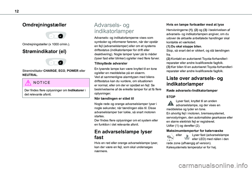 TOYOTA PROACE VERSO 2022 Brugsanvisning (in Danish) 12
Omdrejningstæller
Omdrejningstæller (x 1000 o/min.).
Strømindikator (el)
Strømindikator CHARGE, ECO, POWER eller NEUTRAL.
NOTIC E
Der findes flere oplysninger om Indikatorer i det relevan TOYOTA PROACE VERSO 2022 Brugsanvisning (in Danish) 12
Omdrejningstæller
Omdrejningstæller (x 1000 o/min.).
Strømindikator (el)
Strømindikator CHARGE, ECO, POWER eller NEUTRAL.
NOTIC E
Der findes flere oplysninger om Indikatorer i det relevan