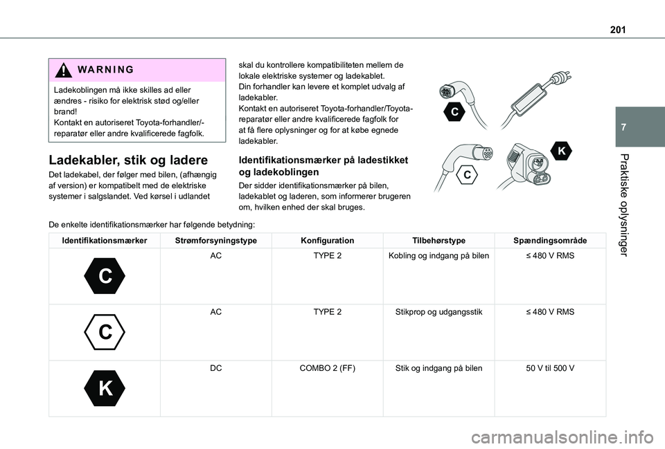TOYOTA PROACE VERSO 2022  Brugsanvisning (in Danish) 201
Praktiske oplysninger
7
WARNI NG
Ladekoblingen må ikke skilles ad eller ændres - risiko for elektrisk stød og/eller brand!Kontakt en autoriseret Toyota-forhandler/-reparatør eller andre kvalif