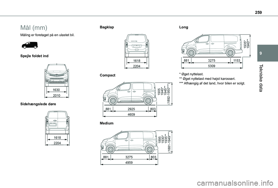 TOYOTA PROACE VERSO 2022  Brugsanvisning (in Danish) 259
Tekniske data
9
Mål (mm)
Måling er foretaget på en ulastet bil. 
 
Spejle foldet ind 
 
Sidehængslede døre 
 
Bagklap 
 
Compact 
 
Medium 
 
Long 
 
* Øget nyttelast.** Øget nyttelast med 
