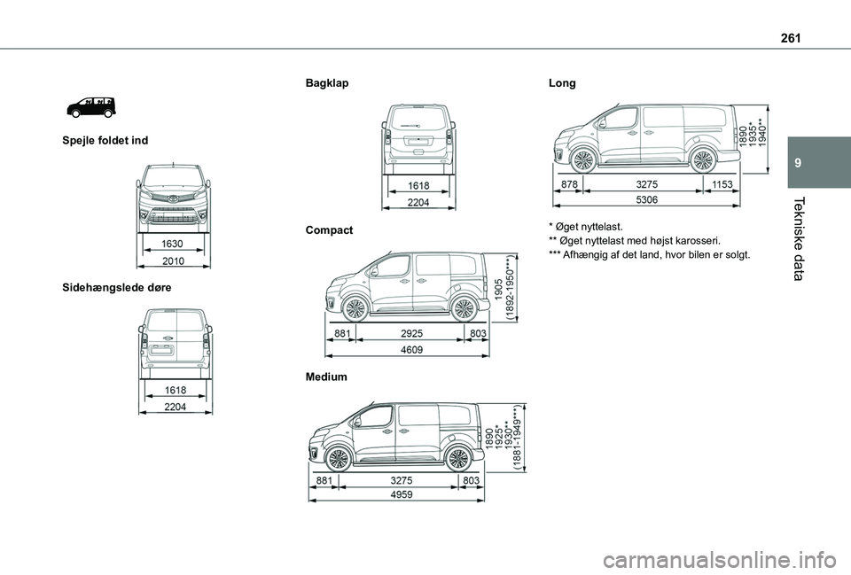 TOYOTA PROACE VERSO 2022  Brugsanvisning (in Danish) 261
Tekniske data
9
 
 
Spejle foldet ind 
 
Sidehængslede døre 
 
Bagklap 
 
Compact 
 
Medium 
 
Long 
 
* Øget nyttelast.** Øget nyttelast med højst karosseri.*** Afhængig af det land, hvor b