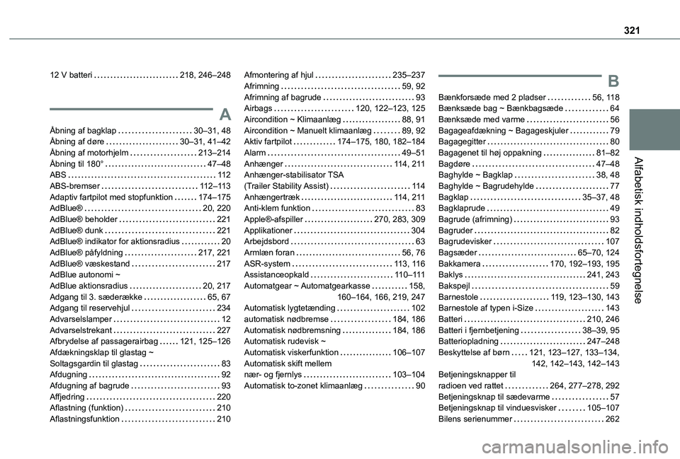 TOYOTA PROACE VERSO 2022 Brugsanvisning (in Danish) 321
Alfabetisk indholdsfortegnelse
12 V batteri 218, 246–248
A
Åbning af bagklap 30–31, 48Åbning af døre 30–31, 41–42Åbning af motorhjelm 213–214Åbning til 180° 47–48ABS TOYOTA PROACE VERSO 2022 Brugsanvisning (in Danish) 321
Alfabetisk indholdsfortegnelse
12 V batteri 218, 246–248
A
Åbning af bagklap 30–31, 48Åbning af døre 30–31, 41–42Åbning af motorhjelm 213–214Åbning til 180° 47–48ABS