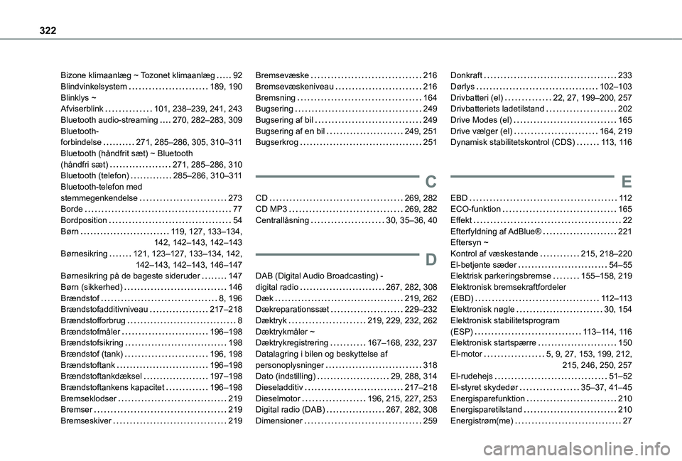 TOYOTA PROACE VERSO 2022 Brugsanvisning (in Danish) 322
Bizone klimaanlæg ~ Tozonet klimaanlæg 92Blindvinkelsystem 189, 190Blinklys ~ Afviserblink 101, 238–239, 241, 243Bluetooth audio-streaming 270, 282–283, 309Bluetooth- forbindelse TOYOTA PROACE VERSO 2022 Brugsanvisning (in Danish) 322
Bizone klimaanlæg ~ Tozonet klimaanlæg 92Blindvinkelsystem 189, 190Blinklys ~ Afviserblink 101, 238–239, 241, 243Bluetooth audio-streaming 270, 282–283, 309Bluetooth- forbindelse