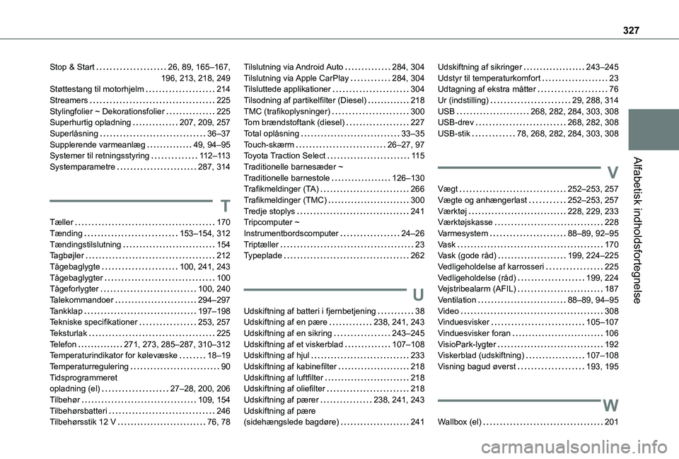 TOYOTA PROACE VERSO 2022  Brugsanvisning (in Danish) 327
Alfabetisk indholdsfortegnelse
Stop & Start   26, 89, 165–167,  196, 213, 218, 249Støttestang til motorhjelm   214Streamers   225Stylingfolier ~ Dekorationsfolier   225Superhurtig opladning   2