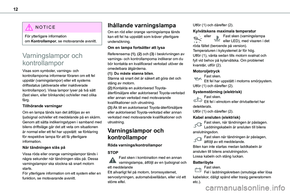 TOYOTA PROACE VERSO 2022 Bruksanvisningar (in Swedish) 12
NOTIC E
För ytterligare information om Kontrollampor, se motsvarande avsnitt.
Varningslampor och
kontrollampor
Visas som symboler, varnings- och kontrollamporna informerar föraren om ett fel upp TOYOTA PROACE VERSO 2022 Bruksanvisningar (in Swedish) 12
NOTIC E
För ytterligare information om Kontrollampor, se motsvarande avsnitt.
Varningslampor och
kontrollampor
Visas som symboler, varnings- och kontrollamporna informerar föraren om ett fel upp