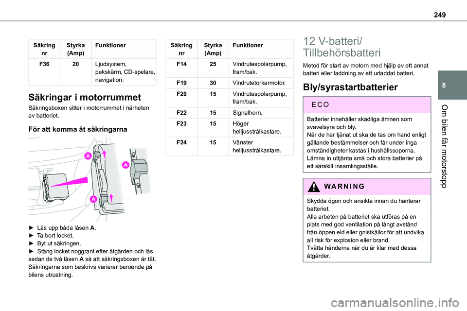 TOYOTA PROACE VERSO 2022 Bruksanvisningar (in Swedish) 249
Om bilen får motorstopp
8
Säkring nrStyrka(Amp)Funktioner
F3620Ljudsystem, pekskärm, CD-spelare, navigation.
Säkringar i motorrummet
Säkringsboxen sitter i motorrummet i närheten av batterie TOYOTA PROACE VERSO 2022 Bruksanvisningar (in Swedish) 249
Om bilen får motorstopp
8
Säkring nrStyrka(Amp)Funktioner
F3620Ljudsystem, pekskärm, CD-spelare, navigation.
Säkringar i motorrummet
Säkringsboxen sitter i motorrummet i närheten av batterie